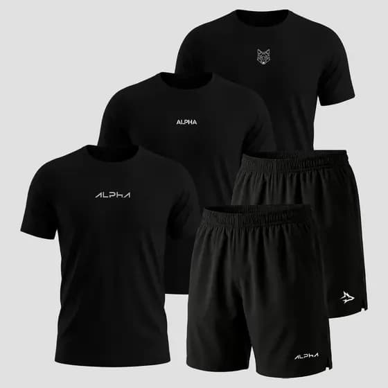 Kit 5 Peças All Black Dry 3 Camisetas e 2 Bermudas Alpha Co