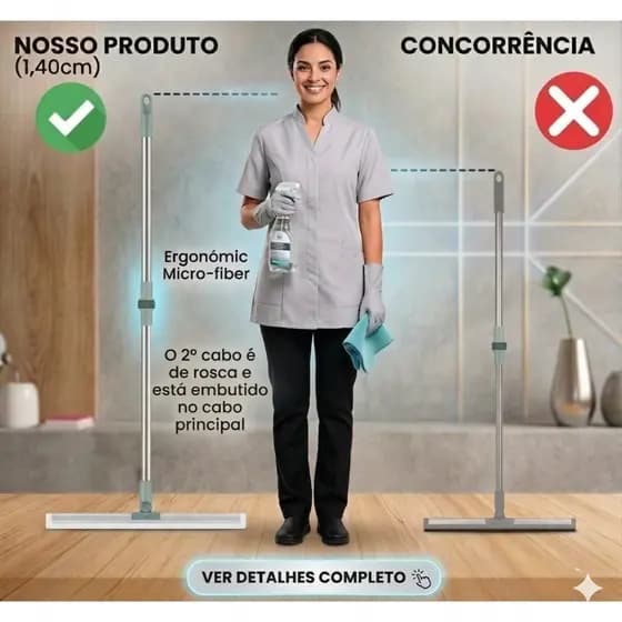 Rodo de Silicone Grande 50cm Cabo Longo Multiuso 2 em 1 Vassoura Mágica Limpa Vidros Janela Box