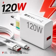 Kit Fonte Carregador 120W Turbo Super USB-C Carga Rápida Android Xiaomi Cabo Duplo Tipo C