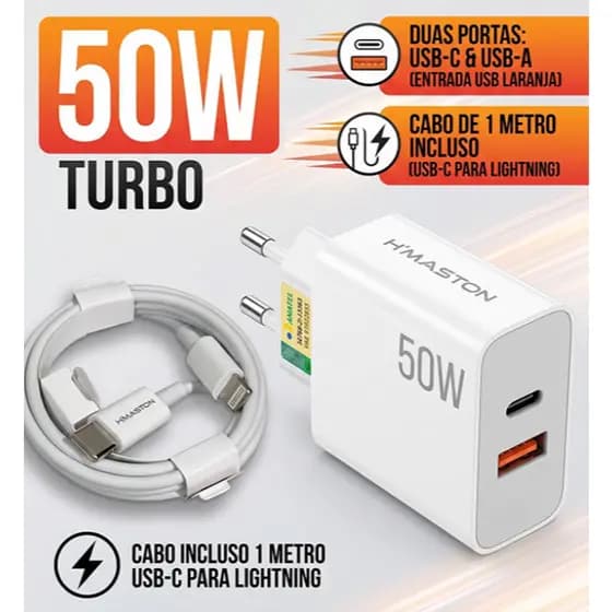 Carregador Turbo 50W USB-C para iPhone Fonte Rápida com Cabo Lightning Original Duplo USB-C Apple