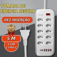 Extensão Elétrica Com Cabo 10 Tomadas Régua 4 USB 2 tipo-c