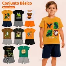 Kit Sortido 2 Conjunto Masculino/Menino Infantil Juvenil - Camiseta Estampada + Bermuda Lisa