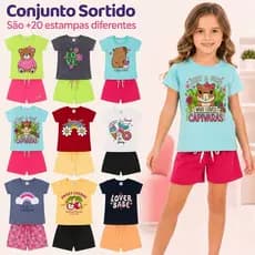 Kit 2 Conjuntos Sortidos Feminino/Menina Infantil Juvenil – Blusa Manga Curta + Shorts Verão