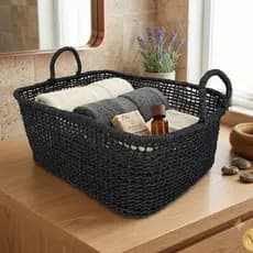 Cesto Organizador Multiuso Rattan Preto Com Alça 50cm