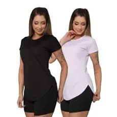 2 Camisa Long Line Fitness Tapa Bumbum com Manga Tecido que Adapta ao Corpo