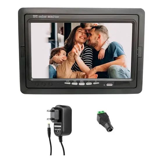 KIT 1 Tela Monitor 7 polegadas LCD Colorido 2 entradas de vídeo (2 AV-in) + Fonte e Conector