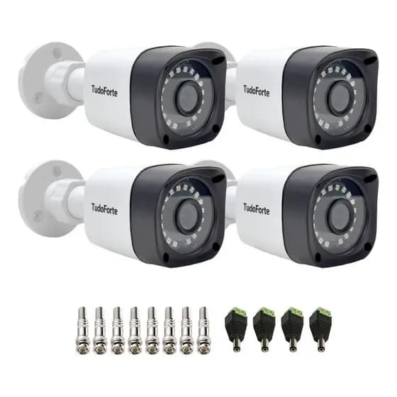 Kit 4 Câmeras Tudo Forte Bullet Full HD 1080p, Lente 2.8mm, Visão Noturna 20M, IP66 + Conectores