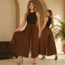 Calça Feminina Pantalona Godê Marrom Cós Ajustável Confortável e Estilosa