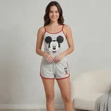 Baby Doll Feminino Mickey Cinza E Vermelho Pijama Short Doll Personagens Disney Envio Imediato