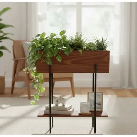 Floreira Artesanal 60cm em Madeira Imbuia com Estrutura em Ferro Preto para Plantas Decorativa