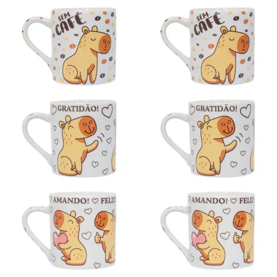 Kit 6 Xícaras Café Capivara Porcelana Decorativas Para Cozinha