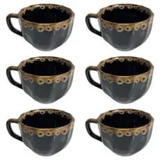 Kit 6 Xícaras Café 200ml Porcelana Preta Decorada Canecas Decorativas Para Cozinha