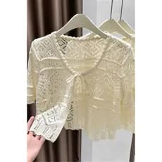 Blazer Feminino Estilo Coreano Verão Branco Preto Manga Curta Bolero de Renda Cardigan Retrátil para Exterior OC6A 38204