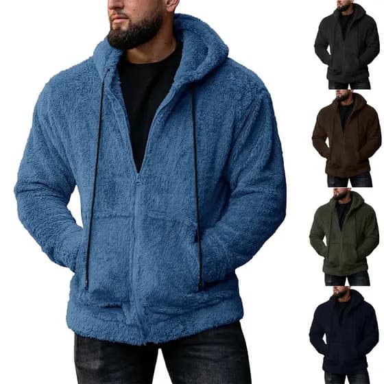 Casaco Masculino de Pelúcia com Capuz e Zíper, Cor Sólida, Jaqueta Quente de Manga Longa para Outono/Inverno 2026