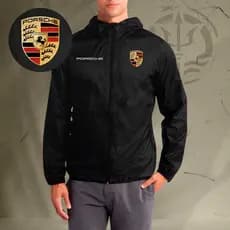 Jaqueta Corta Vento Masculina - Porsche - Com Capuz, Bolso e Zíper - Academia Corrida Esportes