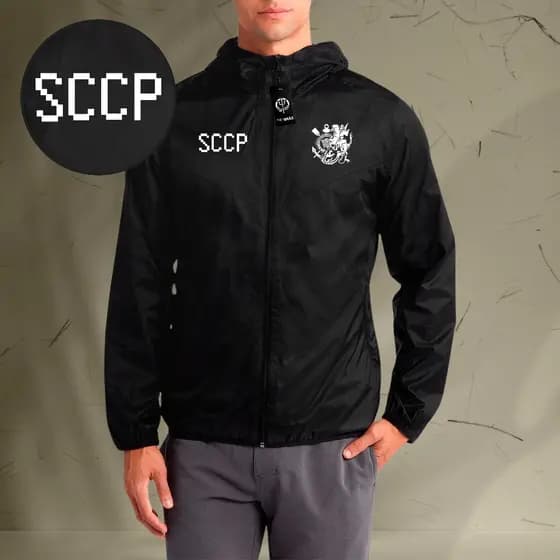 Jaqueta Corta Vento Masculina - SCCP MODELOS - Com Capuz, Bolso e Zíper - Academia Corrida Esportes