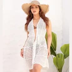Saida Praia Trico Curta Vestido Manga Longa Verao Piscina Viagem Moda Elegante Feminina