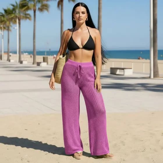 Calça Tricô Saída De Praia Pantalona C/ajuste Canga Piscina Design Moderno Ideal para Compor Looks Atuais e Sofisticados