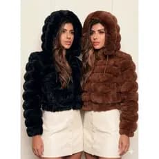 Jaqueta Feminina Pelinho Luxo Puffer Social Inverno Elegante com Capuz