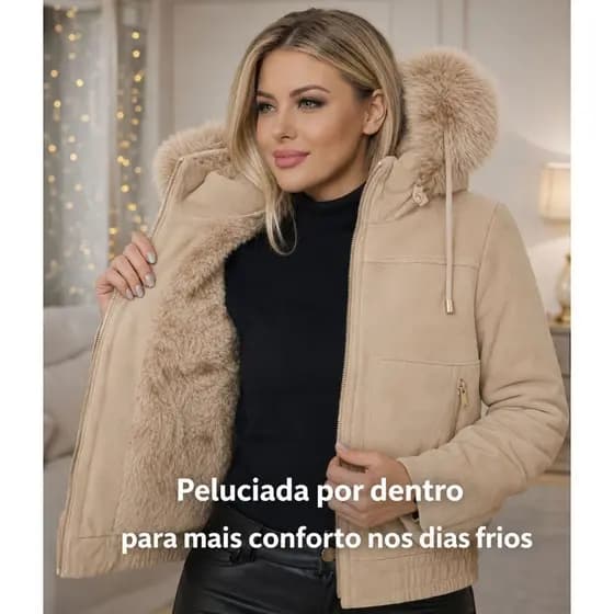Jaqueta Feminina de Camurça Forrada com Pelo – Super Quente!