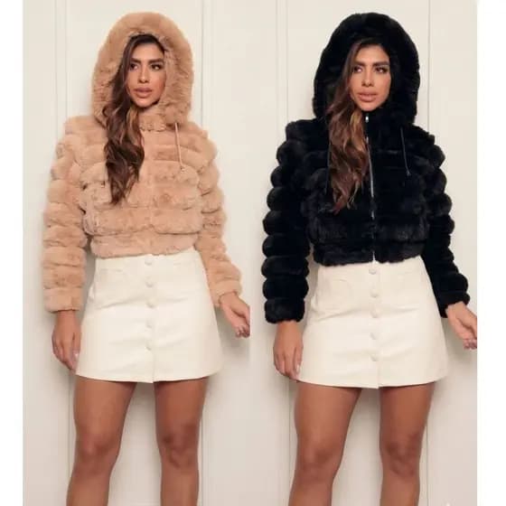Casaco Teddy Feminino Curto Luxo Inverno Jaqueta Pelinho com Capuz