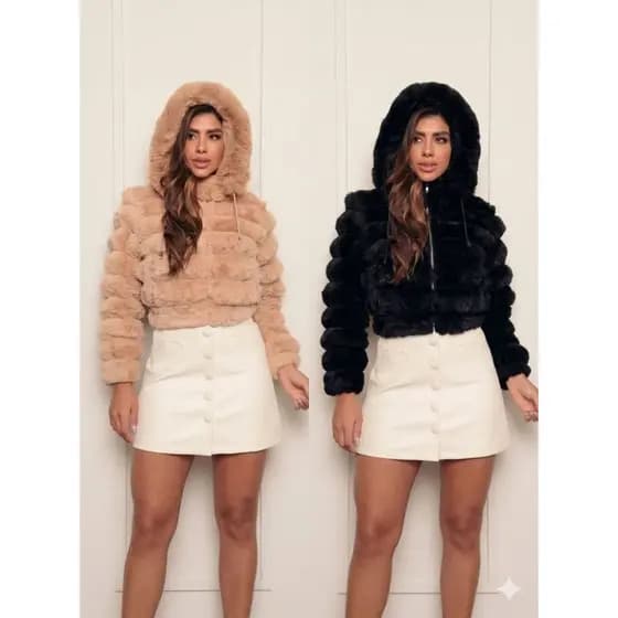 Casaco Feminino Pelinho Fake Luxo Jaqueta Teddy com Capuz Inverno