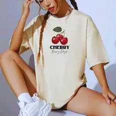 Blusa Feminina Camiseta T-Shirt Moda Verão Tendência Gola Redonda 100% Algodão Cherry Cerejas