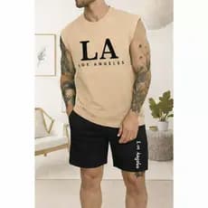 Conjunto Masculino Camiseta Regata Machão L A Los Angeles + Bermuda Moletinho Com Bolso Esportivo