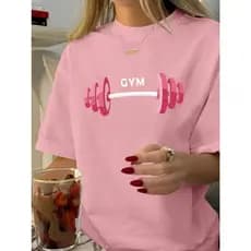 Camiseta Feminina Musculação Estampa Delicada Halteres Algodão Gola Redonda Manga Curta Blusa Gym