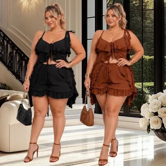 Conjunto plus size Feminino /Conjuntinho Plus Size com Babados  Boho Chic Tam Único 48 ao 50