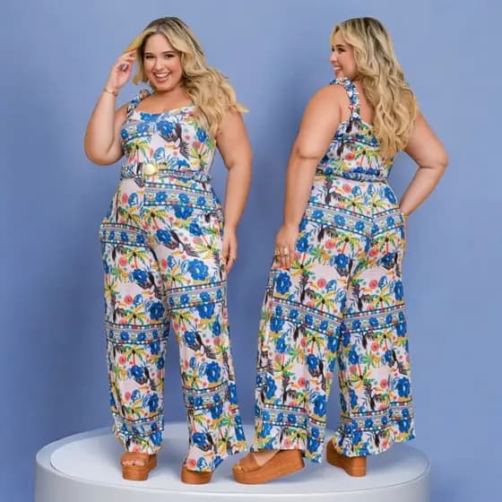 Macacão longo Plus Size Feminino Alça largas, Cinto Estilo Pantalona 46 ao 52