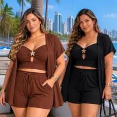 CONJUNTO 3 PEÇAS FEMININO PLUS SIZE ,SHORT +TOP +KIMONO VERÃO 46AO50