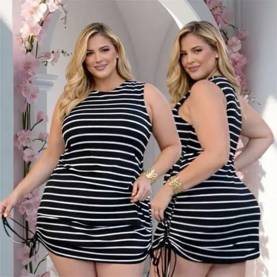 Vestido Listrado Plus Size Feminino Franzido Na Lateral Ajustável Tam Único do 46ao50