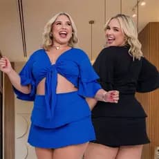 Conjunto Plus Size Feminino Blusa Moderna Short Saia Camadas 46ao52