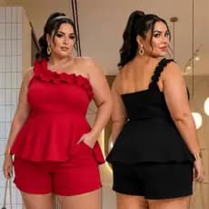 Conjunto Plus Size Feminino Blusa Batinha Ombro Só Short com Bolsos tamanho único 44 ao 48