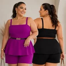 Conjuntinho Plus Size Feminino  Bata Com Alça e Cinto e Short  Tam Único 44ao48