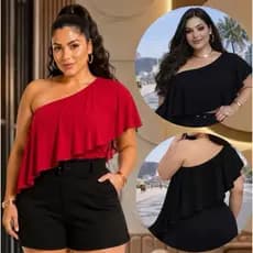 Blusa Assimétrica Plus Size  Feminino Ombro Só com Babado Diagonal Tam. Único 46 ao 50