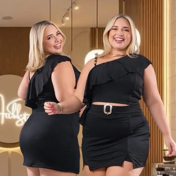 CONJUNTO PLUS SIZE FEMININO  SHORT SAIA ,BLUSA CROPPED COM BABADO TAMANHO ÚNICO 46AO50