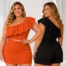 Conjunto plus size Feminino short saia cropped ombro babado Tamanho Único (46ao48)