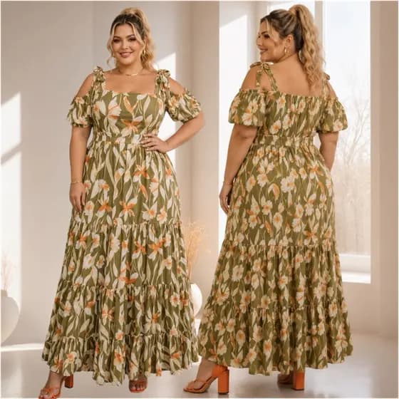 Vestido Plus Size Feminino Longo Alça Larga Nó Nos Ombros Único Veste 48ao52