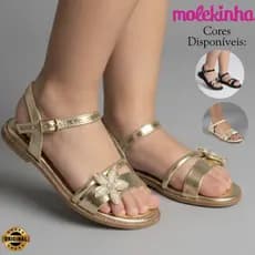 Sandália Molekinha Infantil Meninas Rasteira Flor Metalizado Dourado Fivela Conforto Original