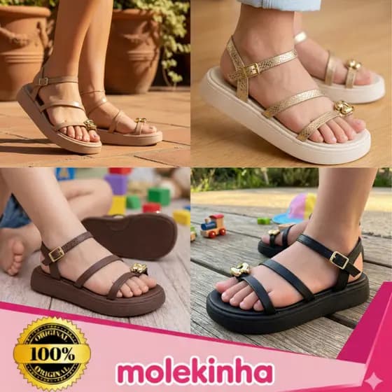 Sandália Molekinha Meninas Infantil Papete Slide Ring Toe Dourado Fivela Confortável Original