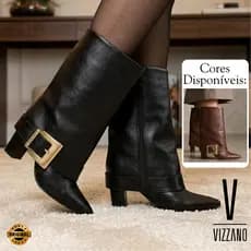 Bota Vizzano Feminina Salto Com Fivela Dourada Zíper Moda Capa Cano Médio Bico Fino Confort Original