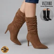 Bota Vizzano Feminina Salto Fino Alto Bico Fino Slouchy Cano Médio Zíper Confortável Original