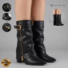 Bota Ramarim Feminina Capa Saia Cano Médio Salto Alto Zíper Fivela Dourada Confortável Original