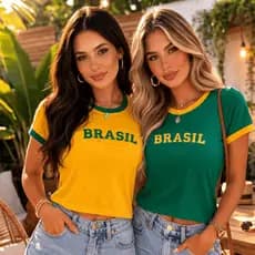 Camiseta Baby Look Brasil Feminina  100% Algodão Camisa Copa Manga Curta Confortável P ao GG
