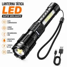 Lanterna Tática LED Super Brilhante Recarregável USB 7 Modos Zoom Longo Alcance para Camping e Emergência
