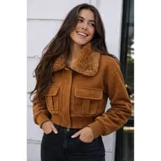 Jaqueta Cropped Feminino, Casaco Lã Batida Forrado Quentinho Com Bolsos Moda Gringa Gola Peluciada Removível