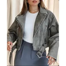 Jaqueta de Couro Estonada Lavagem Jeans Feminina Casaco Feminino Jaqueta Cinza Couro Pu Com Cinto Removível