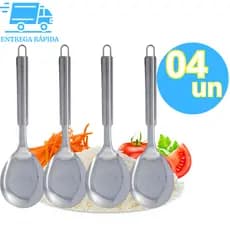 Kit 4 Colher Arroz 100% Aço Inox Alta Qualidade 25cm Multiuso Universal Utensílio de Cozinha
